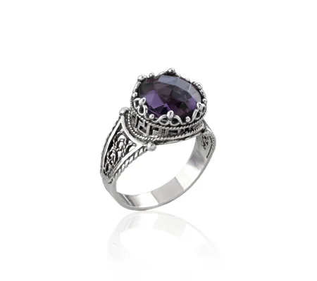 Greek Key Pattern Filigree Art Amethyst Gemstone Women Silver Cocktail Ring