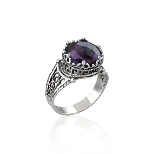 Greek Key Pattern Filigree Art Amethyst Gemstone Women Silver Cocktail Ring
