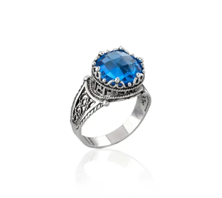 Greek Key Pattern Filigree Art Blue Quartz Gemstone Women Silver Cocktail Ring