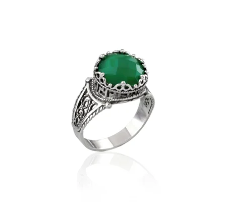 Greek Key Pattern Filigree Art Green Agate Gemstone Women Silver Cocktail Ring