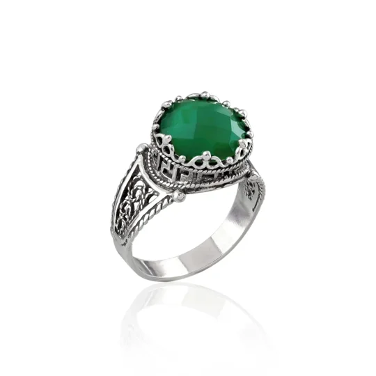 Greek Key Pattern Filigree Art Green Agate Gemstone Women Silver Cocktail Ring
