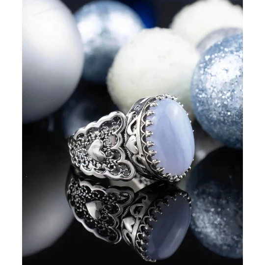 Blue Lace Agate Gemstone Double Heart Detailed Filigree Art 925 Sterling Silver Women Statement Ring