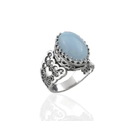 Blue Lace Agate Gemstone Double Heart Detailed Filigree Art 925 Sterling Silver Women Statement Ring