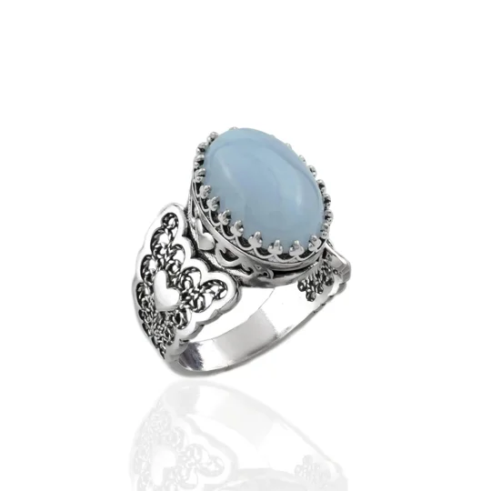 Blue Lace Agate Gemstone Double Heart Detailed Filigree Art 925 Sterling Silver Women Statement Ring