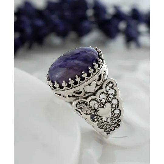 Charoite Gemstone Double Heart Detailed Filigree Art 925 Sterling Silver Women Statement Ring