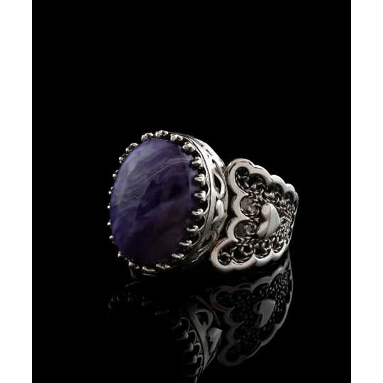Charoite Gemstone Double Heart Detailed Filigree Art 925 Sterling Silver Women Statement Ring