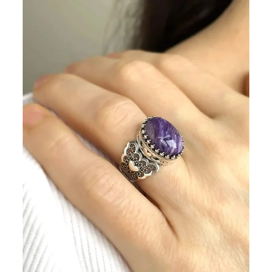 Charoite Gemstone Double Heart Detailed Filigree Art 925 Sterling Silver Women Statement Ring