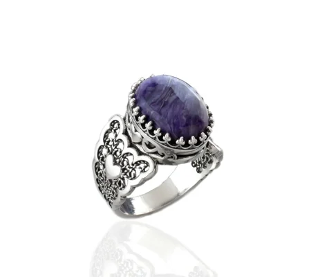 Charoite Gemstone Double Heart Detailed Filigree Art 925 Sterling Silver Women Statement Ring