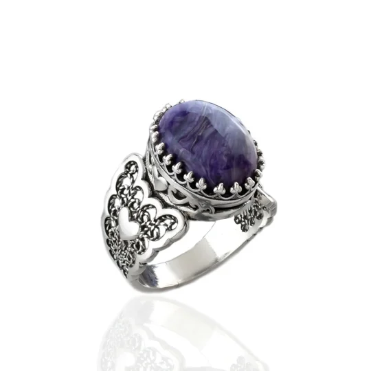 Charoite Gemstone Double Heart Detailed Filigree Art 925 Sterling Silver Women Statement Ring