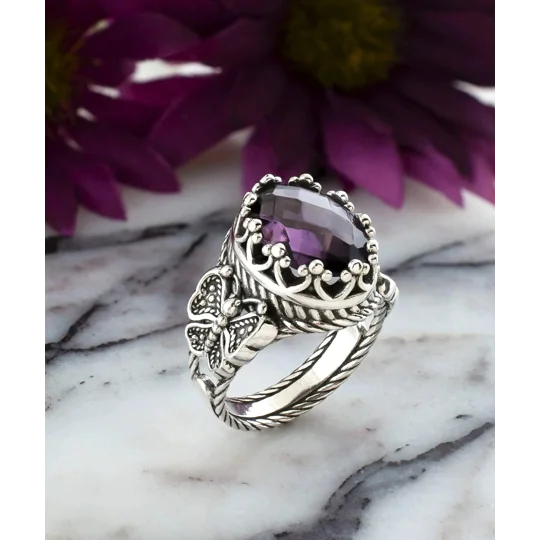 Amethyst Gemstone Filigree Art Double Butterfly Detailed Women Silver Statement Ring