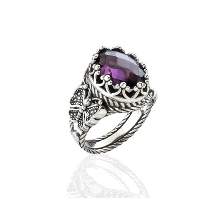 Amethyst Gemstone Filigree Art Double Butterfly Detailed Women Silver Statement Ring