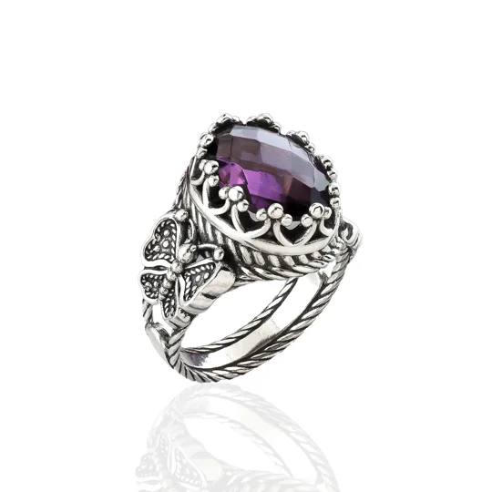 Amethyst Gemstone Filigree Art Double Butterfly Detailed Women Silver Statement Ring