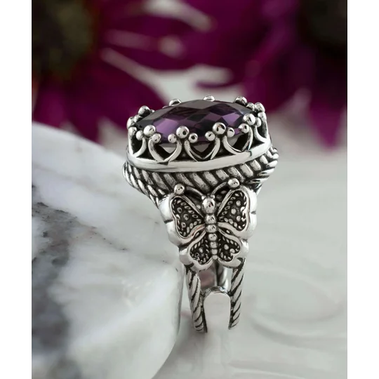 Amethyst Gemstone Filigree Art Double Butterfly Detailed Women Silver Statement Ring