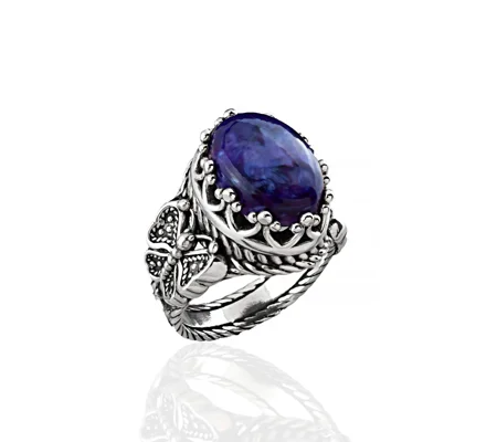 Charoite Gemstone Filigree Art Double Butterfly Detailed Women Silver Statement Ring