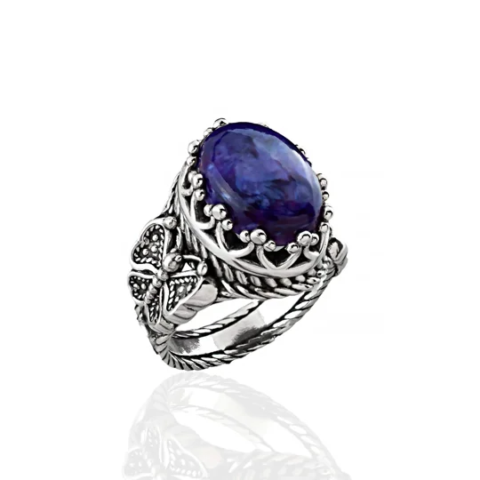 Charoite Gemstone Filigree Art Double Butterfly Detailed Women Silver Statement Ring