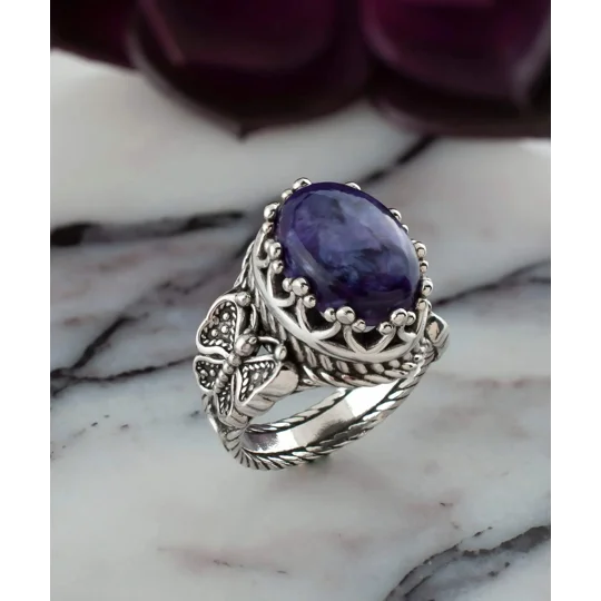 Charoite Gemstone Filigree Art Double Butterfly Detailed Women Silver Statement Ring
