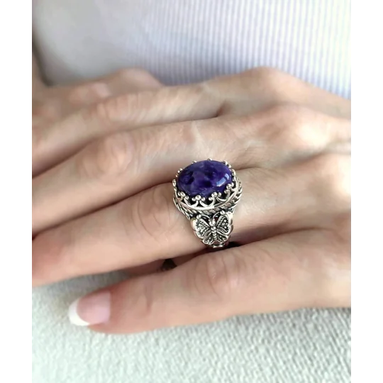 Charoite Gemstone Filigree Art Double Butterfly Detailed Women Silver Statement Ring