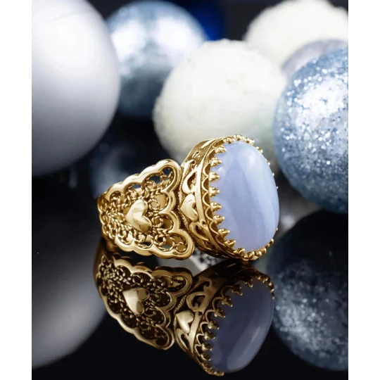 Double Heart Detailed Blue Lace Agate Gemstone Filigree Art Gold Plated Sterling Silver Women Statem