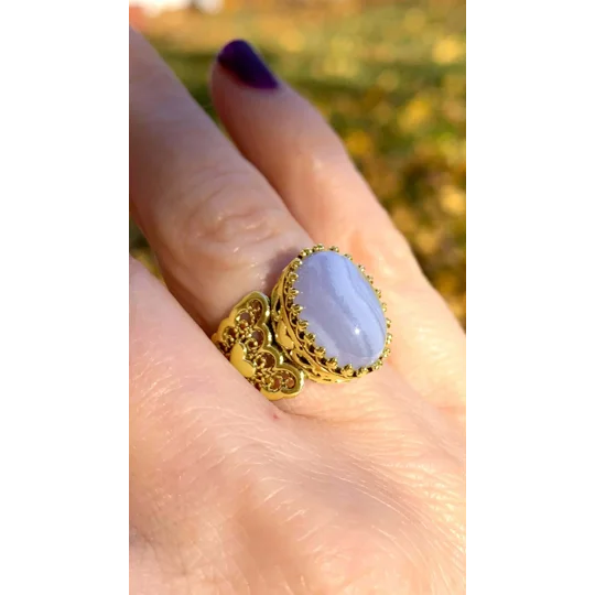 Double Heart Detailed Blue Lace Agate Gemstone Filigree Art Gold Plated Sterling Silver Women Statem