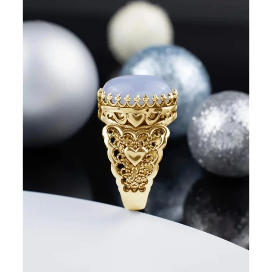 Double Heart Detailed Blue Lace Agate Gemstone Filigree Art Gold Plated Sterling Silver Women Statem