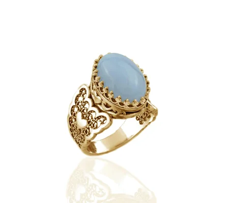Double Heart Detailed Blue Lace Agate Gemstone Filigree Art Gold Plated Sterling Silver Women Statem
