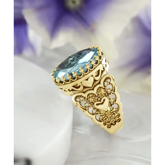 Double Heart Detailed Blue Topaz Gemstone Filigree Art Gold Plated Sterling Silver Women Statement R