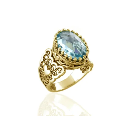 Double Heart Detailed Blue Topaz Gemstone Filigree Art Gold Plated Sterling Silver Women Statement R
