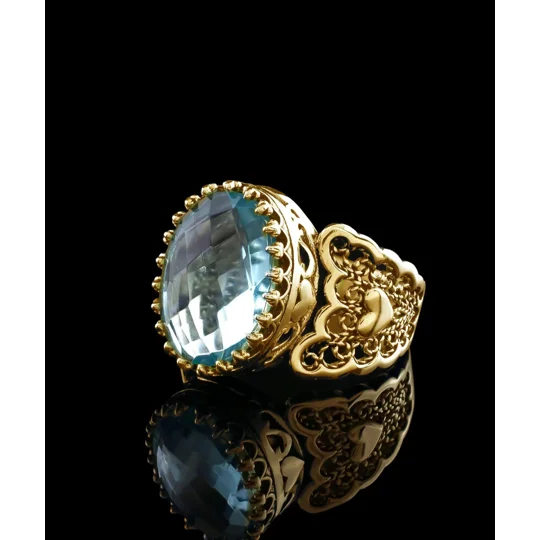 Double Heart Detailed Blue Topaz Gemstone Filigree Art Gold Plated Sterling Silver Women Statement R