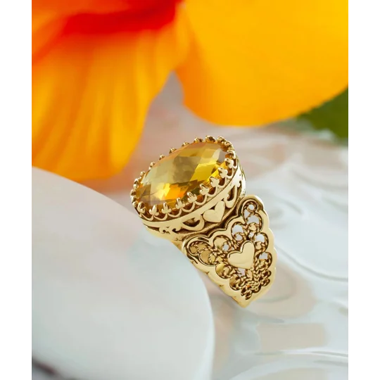 Double Heart Detailed Citrine Gemstone Filigree Art Gold Plated Sterling Silver Women Statement Ring