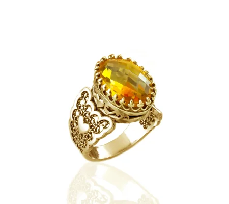 Double Heart Detailed Citrine Gemstone Filigree Art Gold Plated Sterling Silver Women Statement Ring