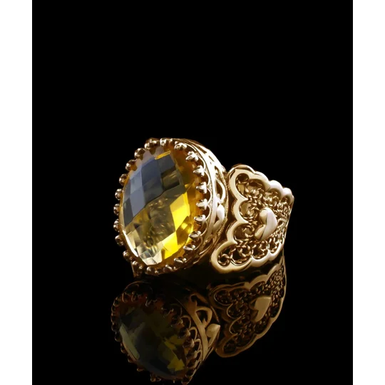 Double Heart Detailed Citrine Gemstone Filigree Art Gold Plated Sterling Silver Women Statement Ring