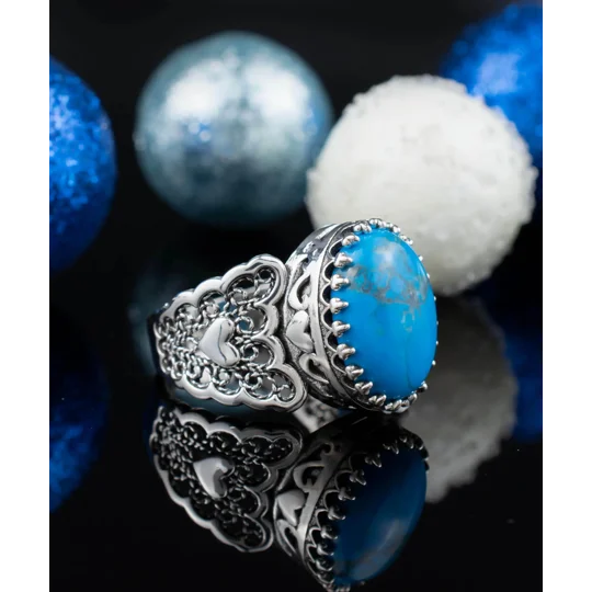 Turquoise Gemstone Double Heart Detailed Filigree Art 925 Sterling Silver Women Statement Ring
