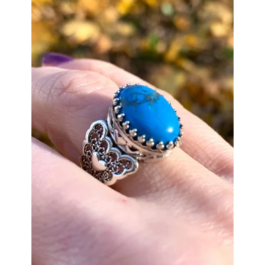 Turquoise Gemstone Double Heart Detailed Filigree Art 925 Sterling Silver Women Statement Ring