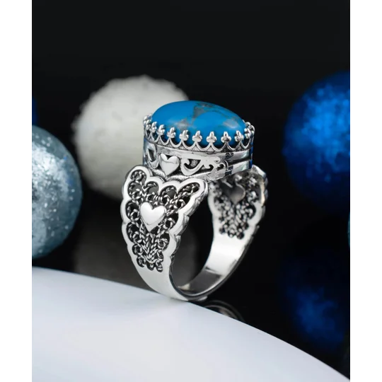 Turquoise Gemstone Double Heart Detailed Filigree Art 925 Sterling Silver Women Statement Ring