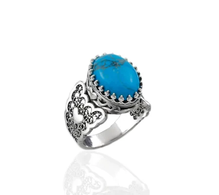 Turquoise Gemstone Double Heart Detailed Filigree Art 925 Sterling Silver Women Statement Ring