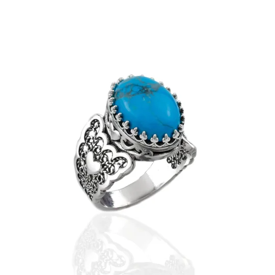 Turquoise Gemstone Double Heart Detailed Filigree Art 925 Sterling Silver Women Statement Ring