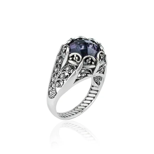 Filigree Art Amethyst Gemstone Women Silver Cocktail Ring