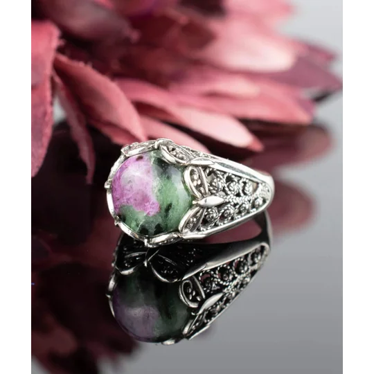 Filigree Art Ruby Zoisite Gemstone Women Silver Cocktail Ring