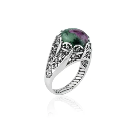Filigree Art Ruby Zoisite Gemstone Women Silver Cocktail Ring