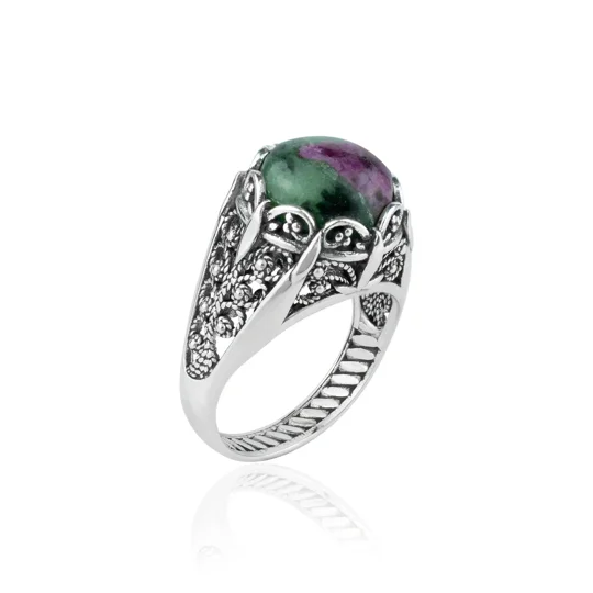 Filigree Art Ruby Zoisite Gemstone Women Silver Cocktail Ring
