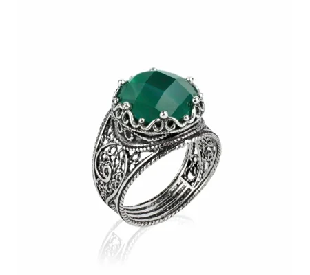 Filigree Art Green Agate Gemstone Crown Design Women Silver Cocktail Ring