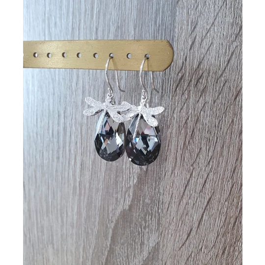 Rhodium plated dragonfly earrings with Black Diamond crystal drops