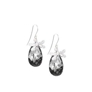 Rhodium plated dragonfly earrings with Black Diamond crystal drops