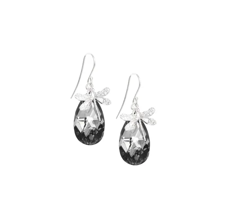 Rhodium plated dragonfly earrings with Black Diamond crystal drops