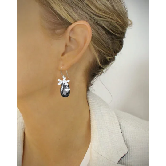 Rhodium plated dragonfly earrings with Black Diamond crystal drops