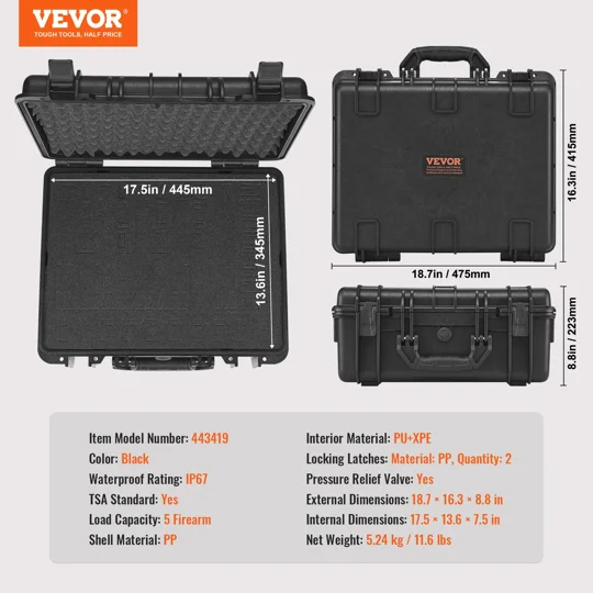 VEVOR Hard Pistol Cases with Pre-cut PU Foam, Waterproof & Dustproof Hard Gun Case for 1 Pistol, 18.