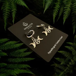 Triple Moon Pentagram Hoop Earrings Silver Tone – Stainless Steel Gothic Witchy Jewellery