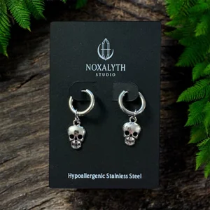Noxalyth Skull Hoop Earrings Silver Tone – Stainless Steel Gothic Alt Grunge Jewellery