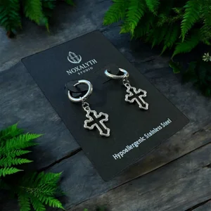 Gothic Cross Hoop Earrings Silver Tone – Stainless Steel Alt Grunge Jewellery