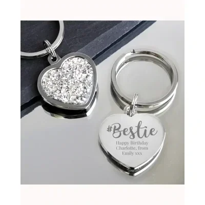 Personalised #Bestie Diamante Heart Keyring
